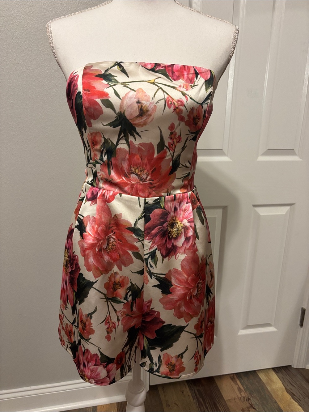 Express Floral Cream and Coral Strapless Romper